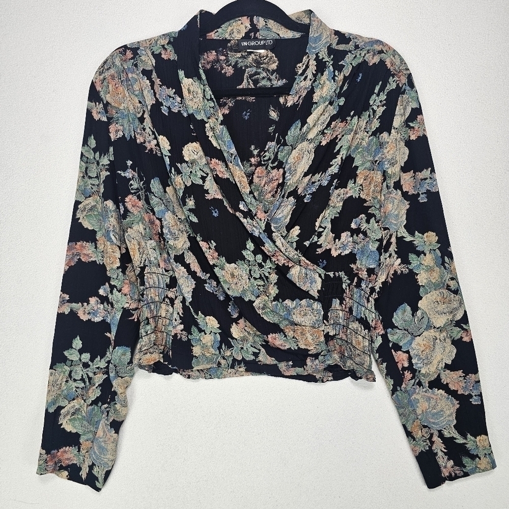 Vintage Romantic Pastel Floral Front Wrap Long Sleeve Blouse Size 6